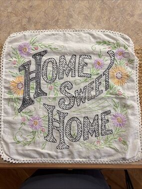 Home Sweet Home Embroidered Decorative Linen - White with Floral Accents